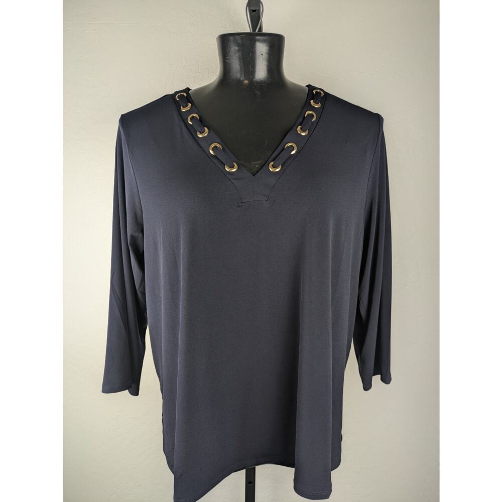 T Tahari navy blue jersey knit top gold neckline detail